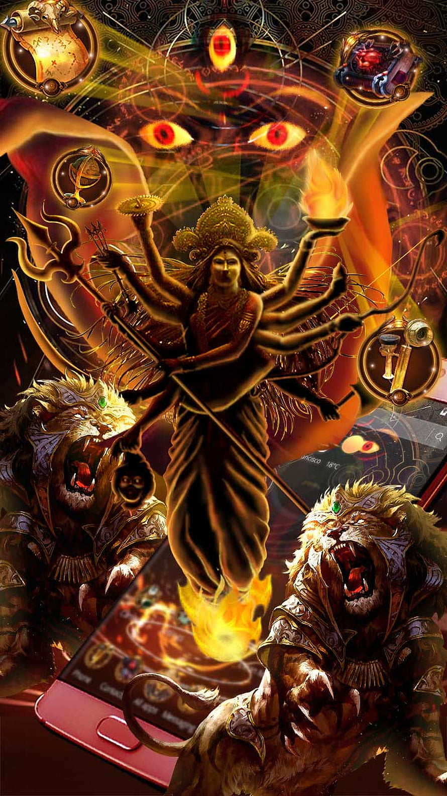 Angry Goddess Durga with Lion Companions and Sacred Weapons in Fiery Divine Art HD phone wallpaper