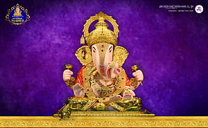 Dagdusheth Ganpati Murti in Gold and Red on Purple Background HD wallpaper