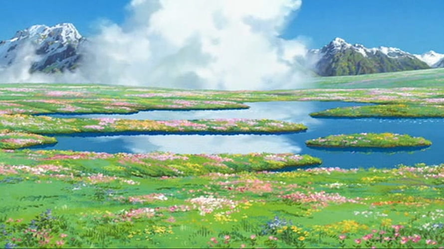 Howl's Moving Castle Sophie's Flower Field with Snow-Capped Mountains and Ponds HD wallpaper