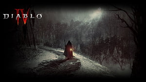 Diablo IV Fractured Peaks: A Cloaked Wanderer on a Snowy Forest Path HD wallpaper