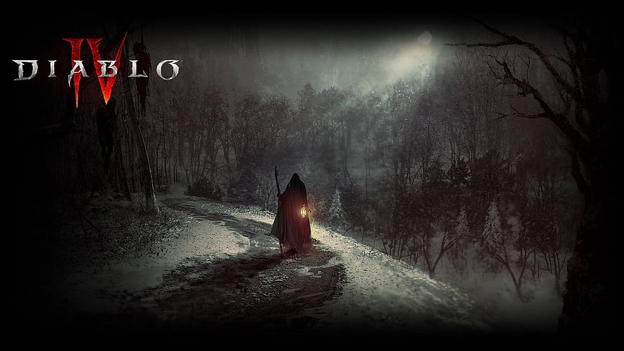 Diablo IV Fractured Peaks: A Cloaked Wanderer on a Snowy Forest Path HD wallpaper