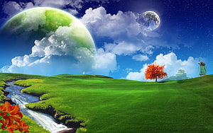 Surreal Fantasy Landscape With Giant Green Planet, Autumn Tree, and Windmill Under Starry Sky HD wallpaper