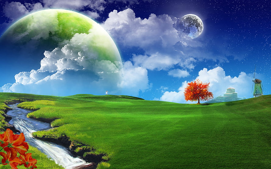 Surreal Fantasy Landscape With Giant Green Planet, Autumn Tree, and Windmill Under Starry Sky HD wallpaper