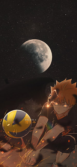 Hinata Shoyo from Haikyuu Crouching with Volleyball Under a Full Moon HD phone wallpaper