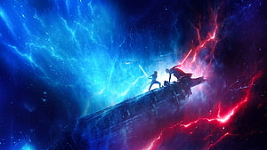 Star Wars The Rise Of Skywalker Lightsaber Duel On Spaceship In Cosmic Storm HD wallpaper