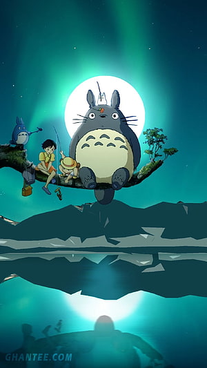 Totoro and Satsuki on a Floating Branch Under a Full Moon with Aurora Sky HD phone wallpaper