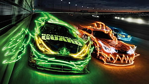 NASCAR Cup Series Night Race with Neon Light Trails and Electric Effects HD wallpaper
