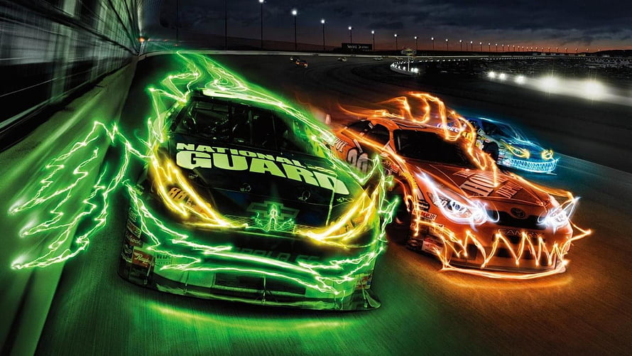 NASCAR Cup Series Night Race with Neon Light Trails and Electric Effects HD wallpaper