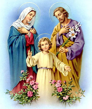 Holy Family Religious Illustration with Halos and Flowers HD phone wallpaper