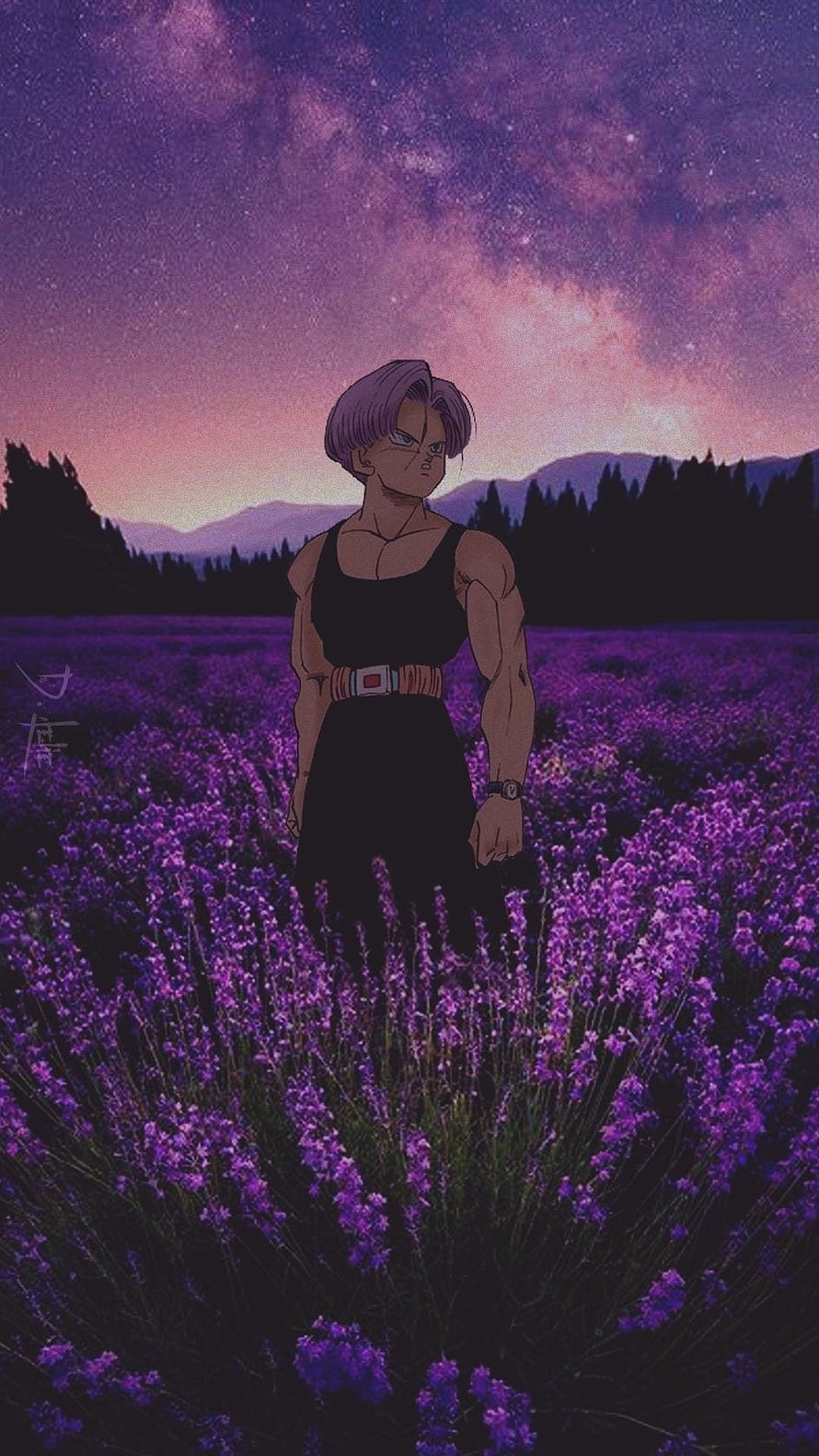Dragon Ball Z Trunks Standing in a Lavender Field Under a Starry Night Sky HD phone wallpaper