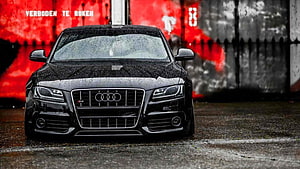 Black Audi A5 Sedan Front View Against Red Industrial Wall HD wallpaper