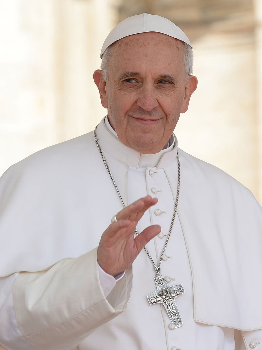 Pope Francis in white papal vestments with pectoral cross and zucchetto HD phone wallpaper