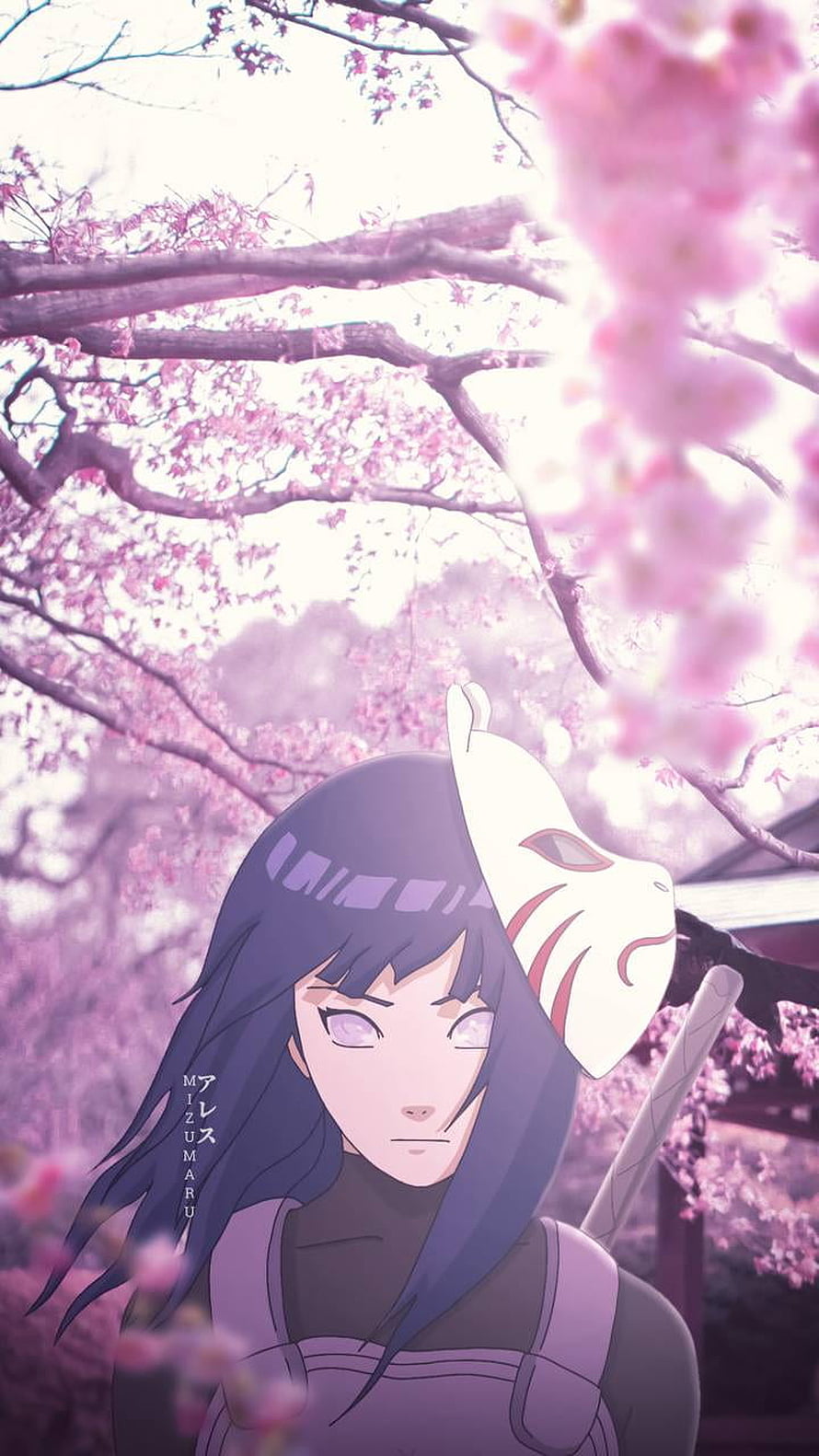 Hinata Hyuga in Anbu Mask Under Cherry Blossoms Anime Illustration HD phone wallpaper