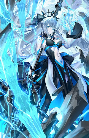 Morgan le Fay Anime Character Wielding Blue Lightning Staff in Dark Fantasy Setting HD phone wallpaper