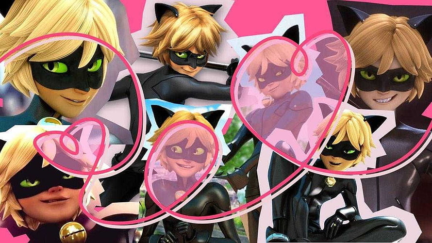Cat Noir from Miraculous Ladybug in a pink heart collage with multiple character poses HD wallpaper