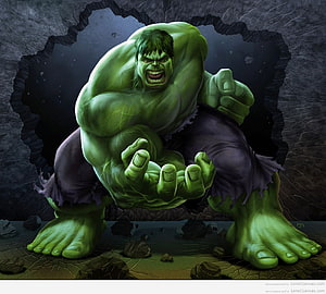 The Incredible Hulk Crouching in a Dark Cave with Tattered Purple Pants HD wallpaper