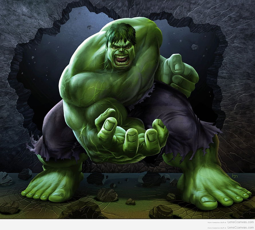 The Incredible Hulk Crouching in a Dark Cave with Tattered Purple Pants HD wallpaper