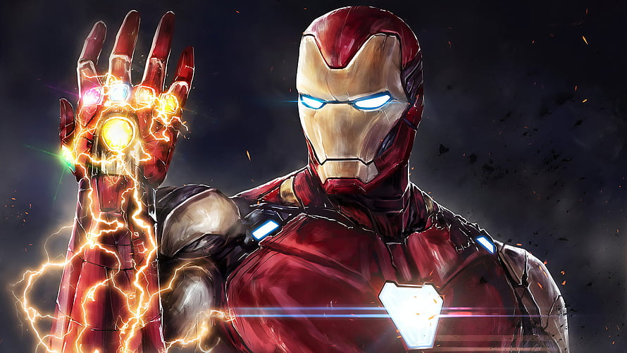 Iron Man Wielding Infinity Gauntlet with Arc Reactor and Glowing Eyes HD wallpaper