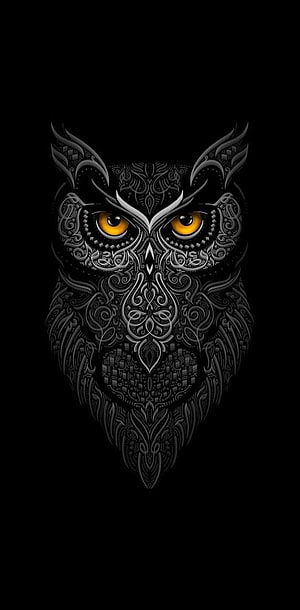 Intricate Ornamental Owl Face with Glowing Amber Eyes on Black Background HD phone wallpaper