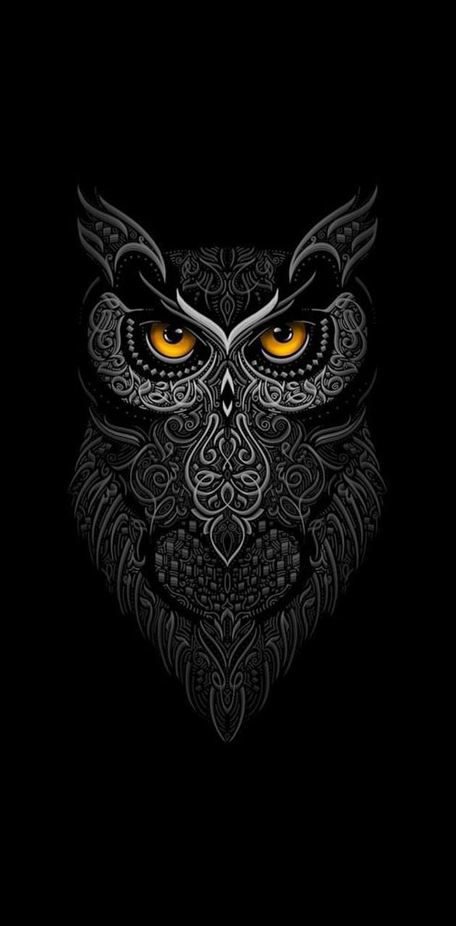 Intricate Ornamental Owl Face with Glowing Amber Eyes on Black Background HD phone wallpaper