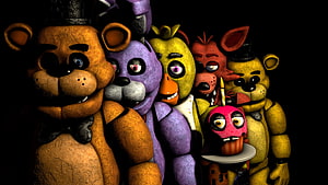 Five Nights at Freddy's animatronic group portrait in dark horror setting HD wallpaper