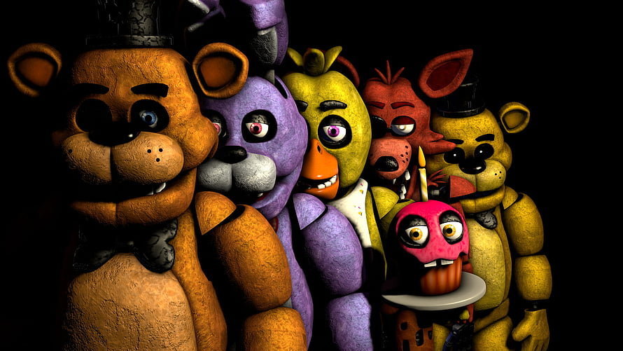 Five Nights at Freddy's animatronic group portrait in dark horror setting HD wallpaper