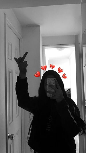 Black and white mirror selfie with broken heart stickers and peace sign HD phone wallpaper