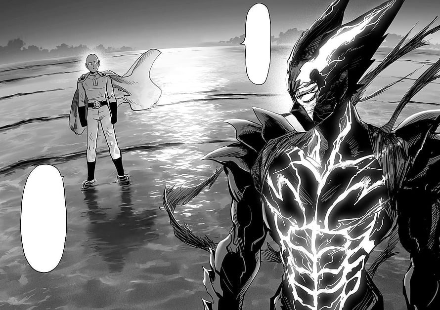 Saitama and Awakened Garou Confrontation in One Punch Man Manga Panel HD wallpaper