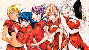Food Wars Girls in Red Cheongsam with Fan and Sparkling Background HD wallpaper