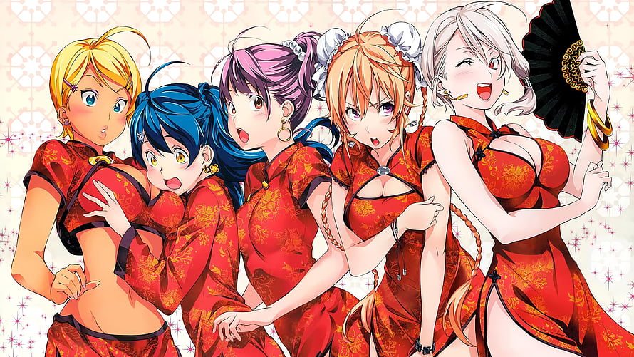 Food Wars Girls in Red Cheongsam with Fan and Sparkling Background HD wallpaper