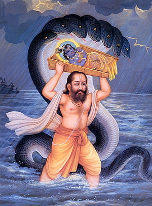 Krishna Protecting the Infant Deity During the Great Flood in Traditional Indian Art HD phone wallpaper