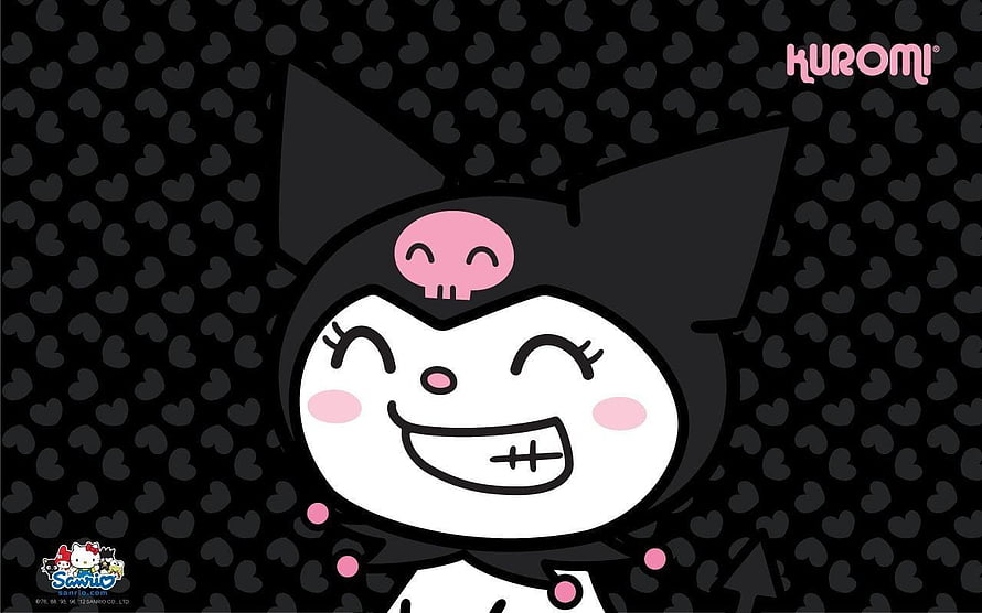 Kuromi Sanrio Character with Pink Skull on Black Heart Pattern Background HD wallpaper