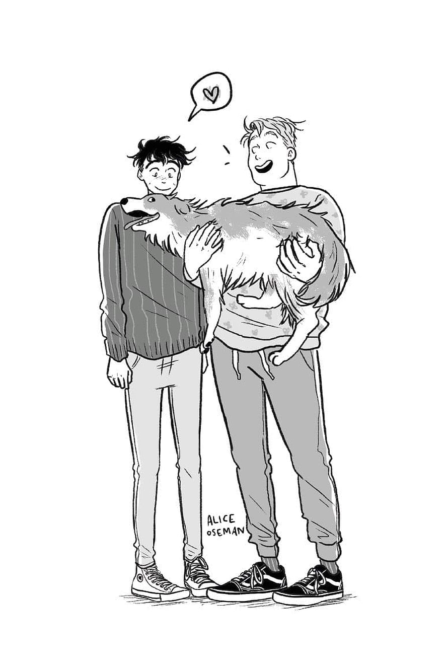 Heartstopper Nick and Charlie Holding Dog Black and White Comic Illustration HD phone wallpaper