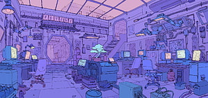 Purple Cyberpunk Office Interior with Retro Computers and Neon Aesthetic HD wallpaper