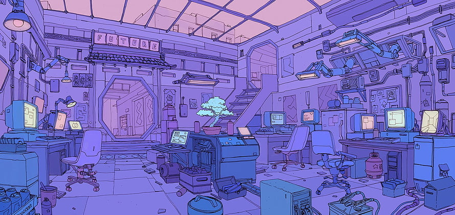 Purple Cyberpunk Office Interior with Retro Computers and Neon Aesthetic HD wallpaper