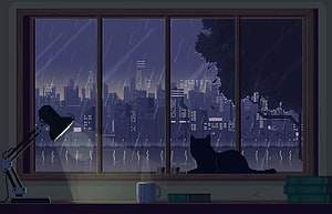 Pixel Art Rainy Night Cityscape View From Window With Cat Silhouette And Desk Lamp HD wallpaper