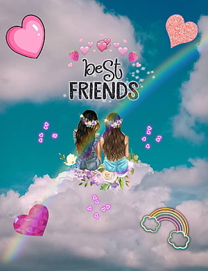 Two girls sitting on a cloud with rainbow and hearts, best friends forever design HD phone wallpaper