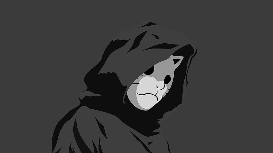 Monochrome Anime Character in a Hooded Cloak with a Cat Mask HD wallpaper