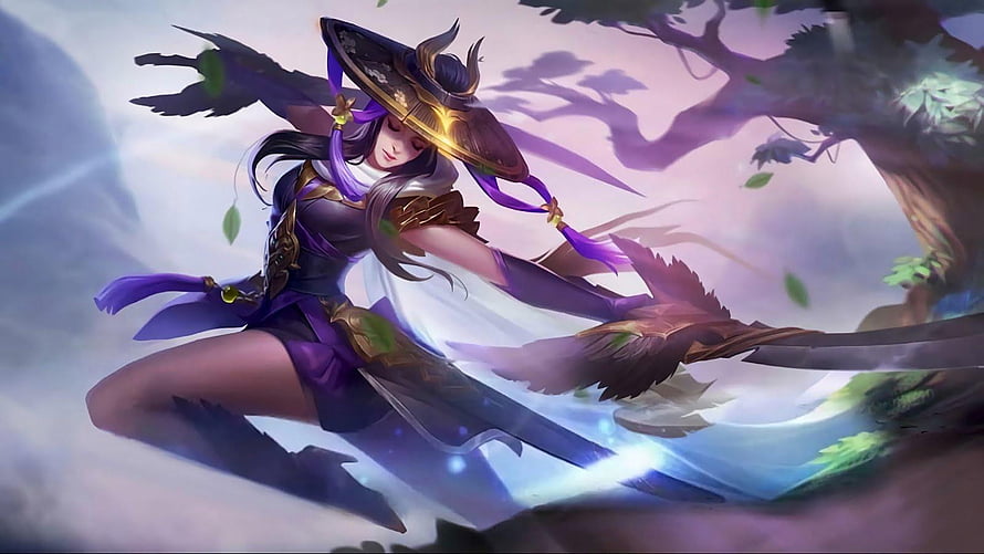 Fanny Skylark from Mobile Legends in Dynamic Combat Pose with Purple and Gold Armor HD wallpaper