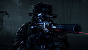 Battlefield 4 Night Operations: Special Forces Sniper with Red Laser Sight in Foggy Combat Zone HD wallpaper