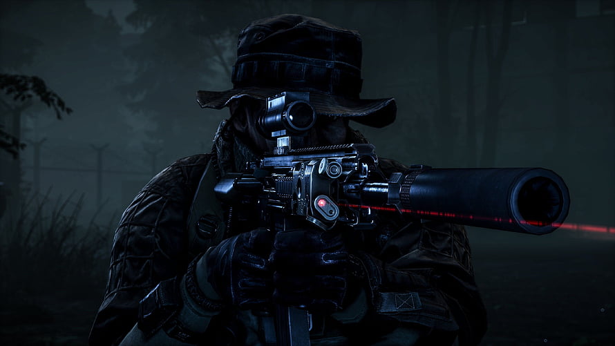 Battlefield 4 Night Operations: Special Forces Sniper with Red Laser Sight in Foggy Combat Zone HD wallpaper