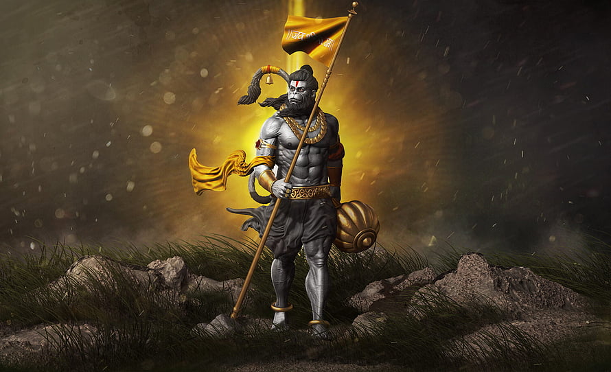 Hanuman 3D Digital Sculpture Holding Flag and Mace in Dramatic Golden Light HD wallpaper