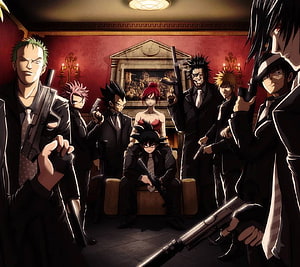 Anime Mafia Gangsters in Black Suits Holding Firearms in a Dimly Lit Room HD wallpaper