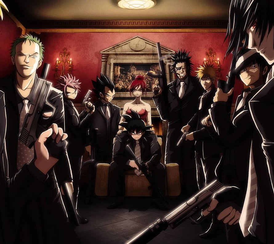 Anime Mafia Gangsters in Black Suits Holding Firearms in a Dimly Lit Room HD wallpaper
