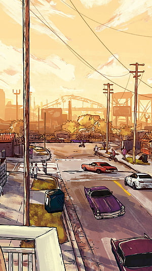 Grove Street San Andreas Urban Street Scene with Classic Cars and Warm Sunset Lighting HD phone wallpaper
