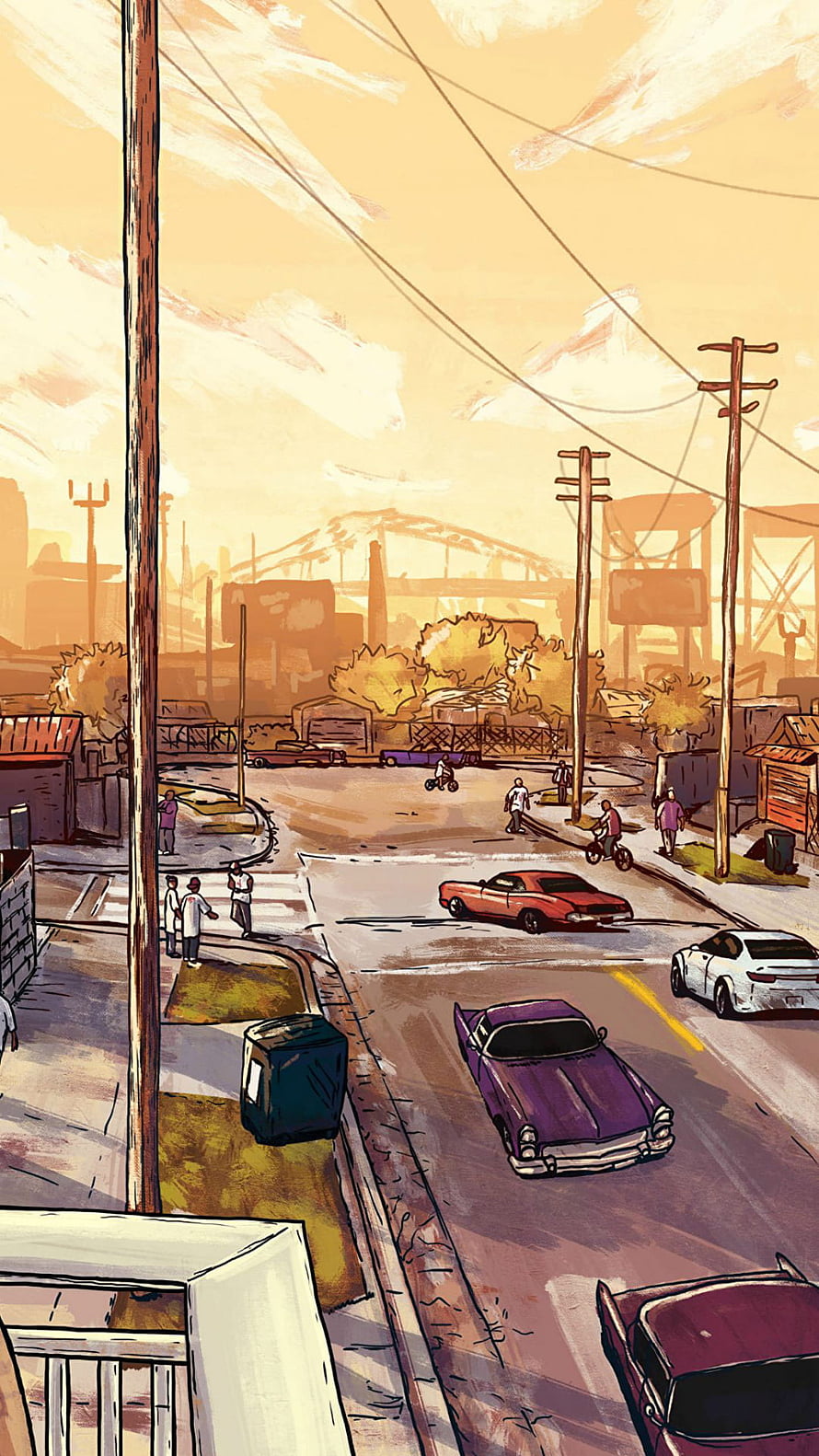Grove Street San Andreas Urban Street Scene with Classic Cars and Warm Sunset Lighting HD phone wallpaper