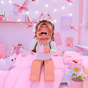 Roblox Girl in Pastel Pink Bedroom with Butterflies and Bunny Accessories HD phone wallpaper