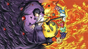 Naruto and Sasuke anime artwork with Tailed Beasts and chakra flames HD wallpaper