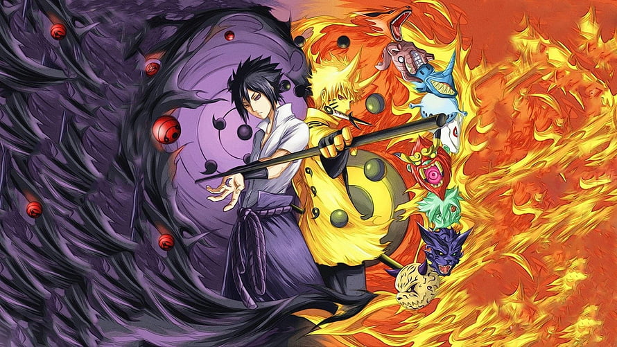 Naruto and Sasuke anime artwork with Tailed Beasts and chakra flames HD wallpaper