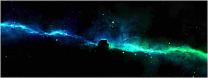 Vibrant Blue and Green Nebula with Dark Silhouette Against Starry Space HD wallpaper